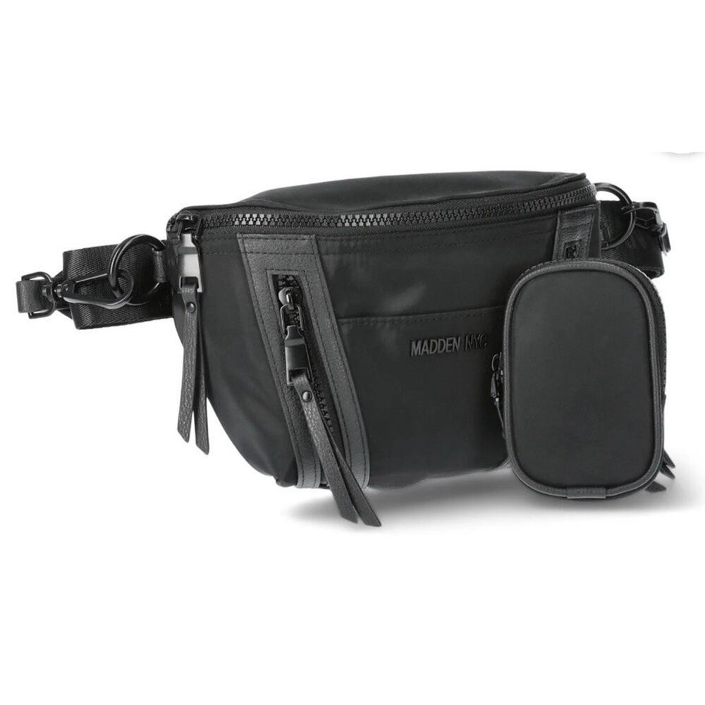 Madden NYC Women's Crossbody Belt Bag Multi Zipper Fanny Pack with Pouch, Black